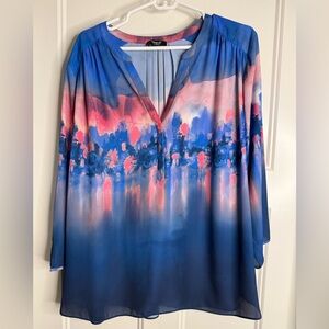 NYDJ Blue and Pink Watercolor Blouse, 1X